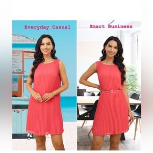 Sleeveless Pleated Dress Business Casual Cute Mini Shift Belted Dress new